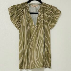 Philosophy Olive Green Zebra Print Ruffle pheasant style Women's Top S